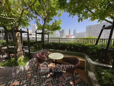 Charming urban garden balcony with city skyline view, perfect for relaxation and outdoor dining.