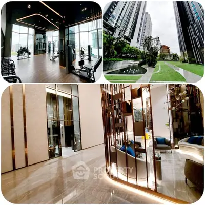 Luxurious high-rise building with modern gym, elegant lobby, and scenic garden view.
