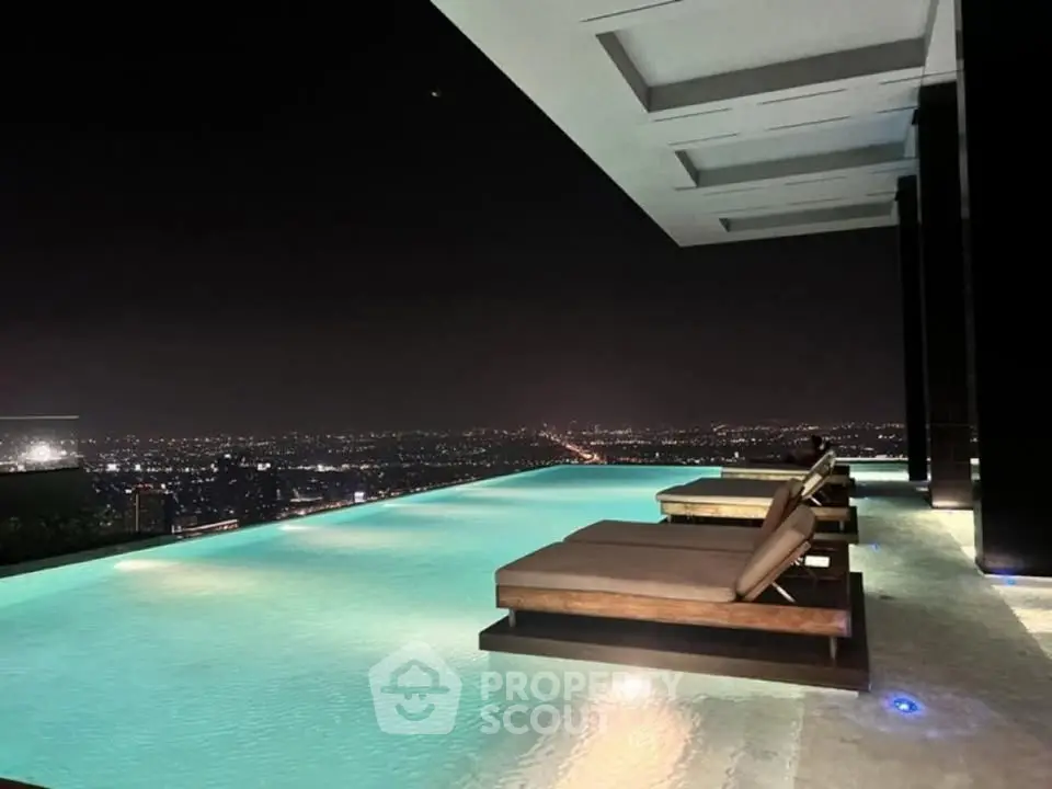 Luxurious rooftop infinity pool with stunning city skyline view at night.