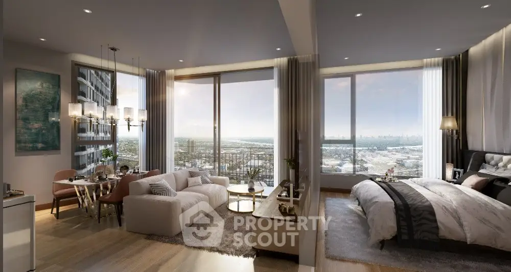 Luxurious modern apartment with stunning city view, spacious living room, and elegant bedroom.