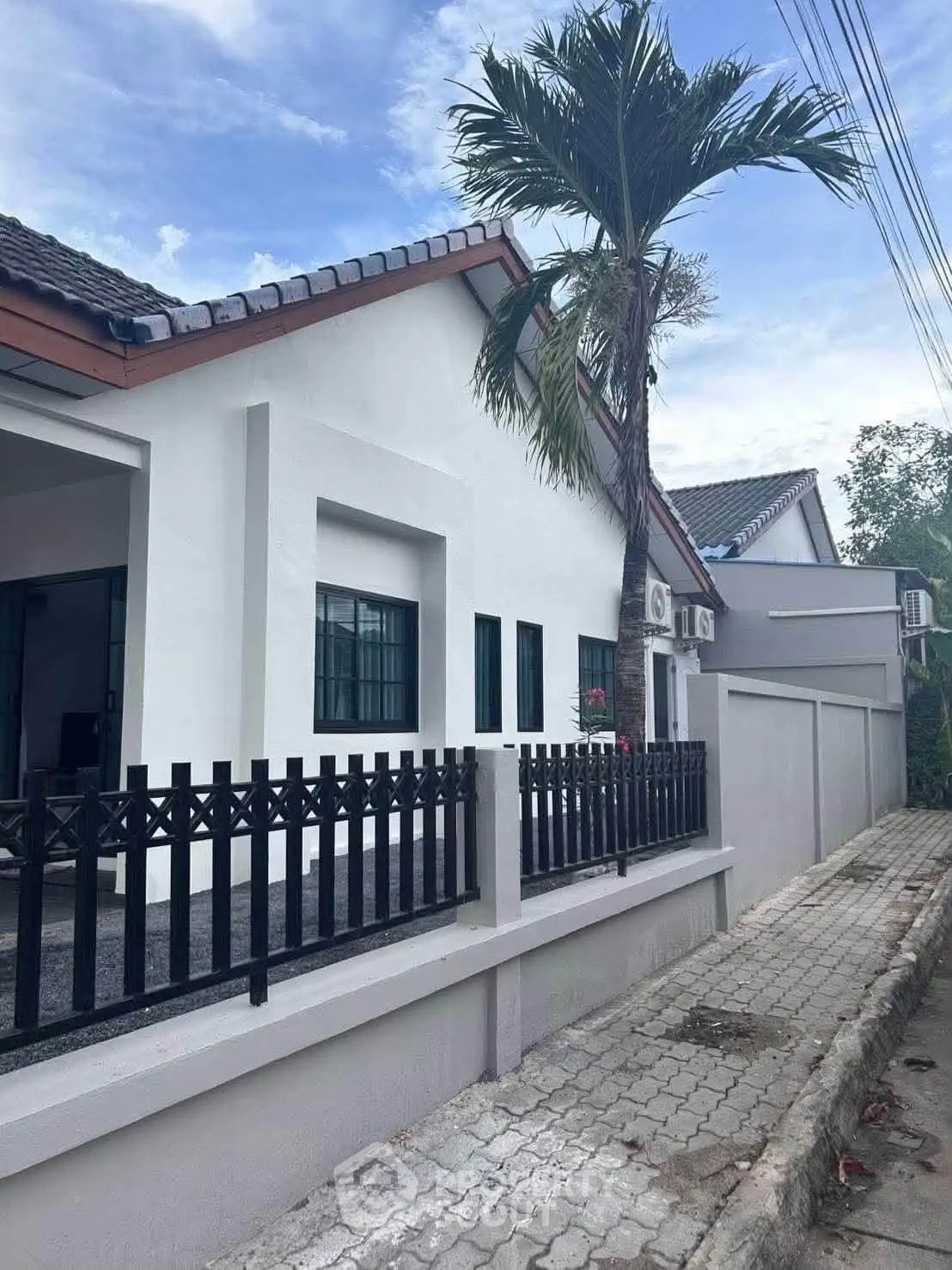 Charming single-story house with modern design and lush palm tree, perfect for serene living.