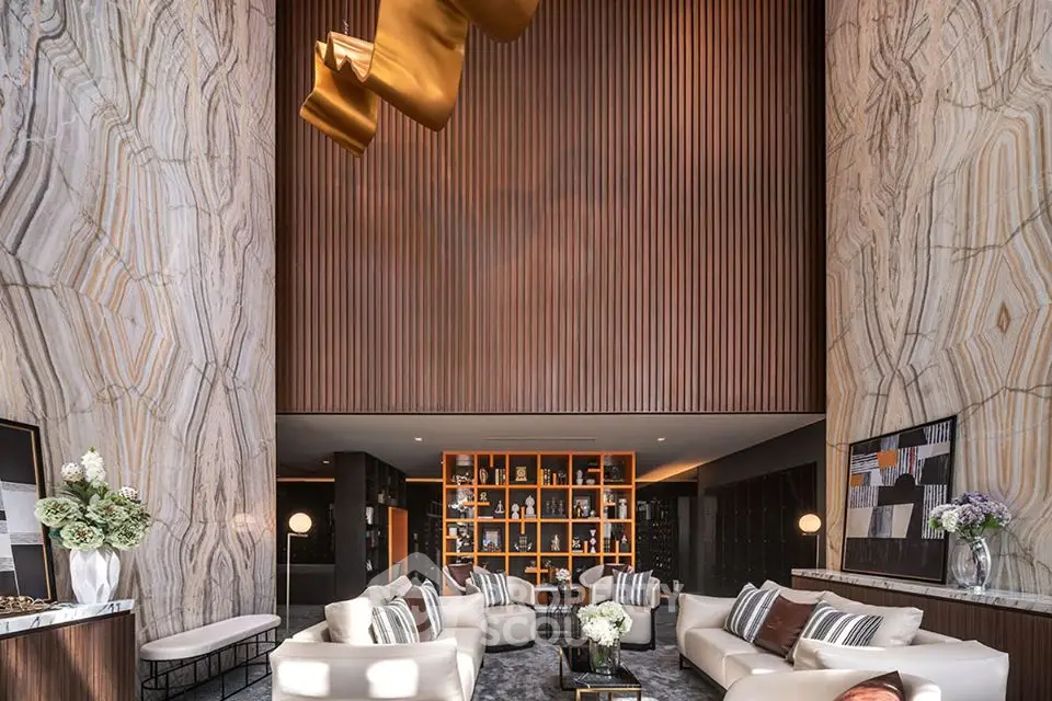 Luxurious modern living room with high ceilings and elegant decor