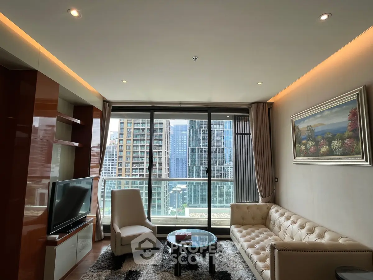 Luxurious living room with stunning city view and elegant furnishings