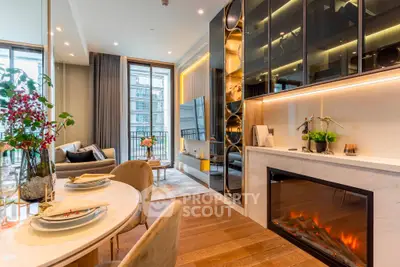 Luxurious modern living room with elegant decor and built-in fireplace, perfect for stylish urban living.