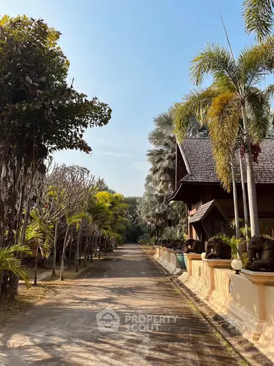 Charming tropical estate entrance with lush palm trees and traditional architecture