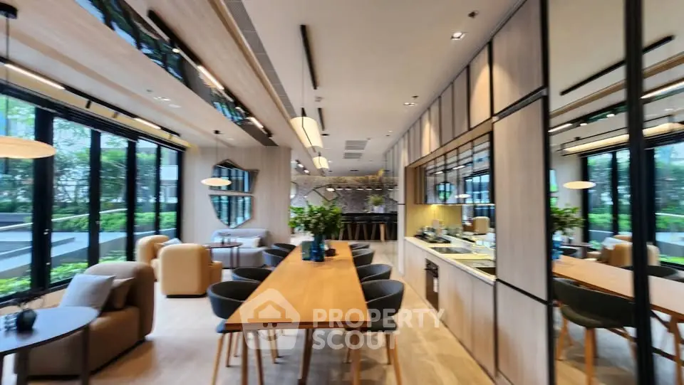 Luxurious modern living room with elegant dining area and large windows overlooking a lush garden.