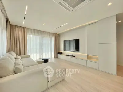 Spacious modern living room with sleek design and large windows