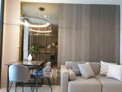 Modern living room with stylish dining area and elegant lighting