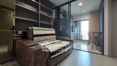 Modern living room with stylish furniture and balcony view in urban apartment