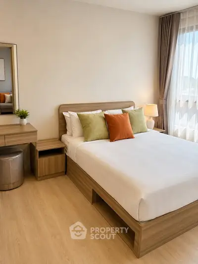 Modern bedroom with stylish decor and natural light