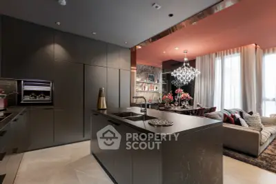 Luxurious modern kitchen with open layout and elegant living room