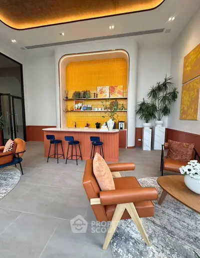 Stylish modern living room with vibrant decor and cozy seating area