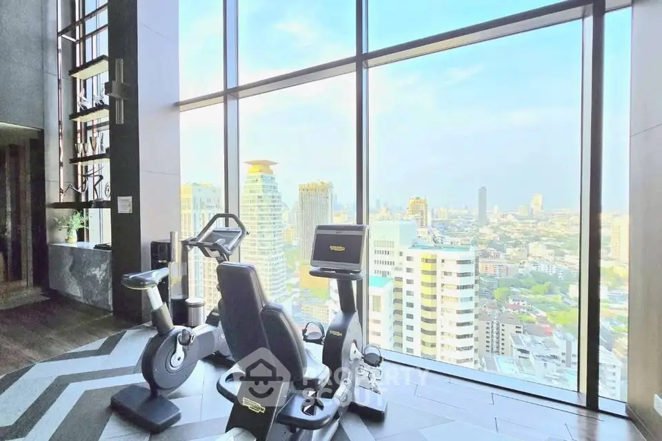 Luxury gym with panoramic city view in high-rise building
