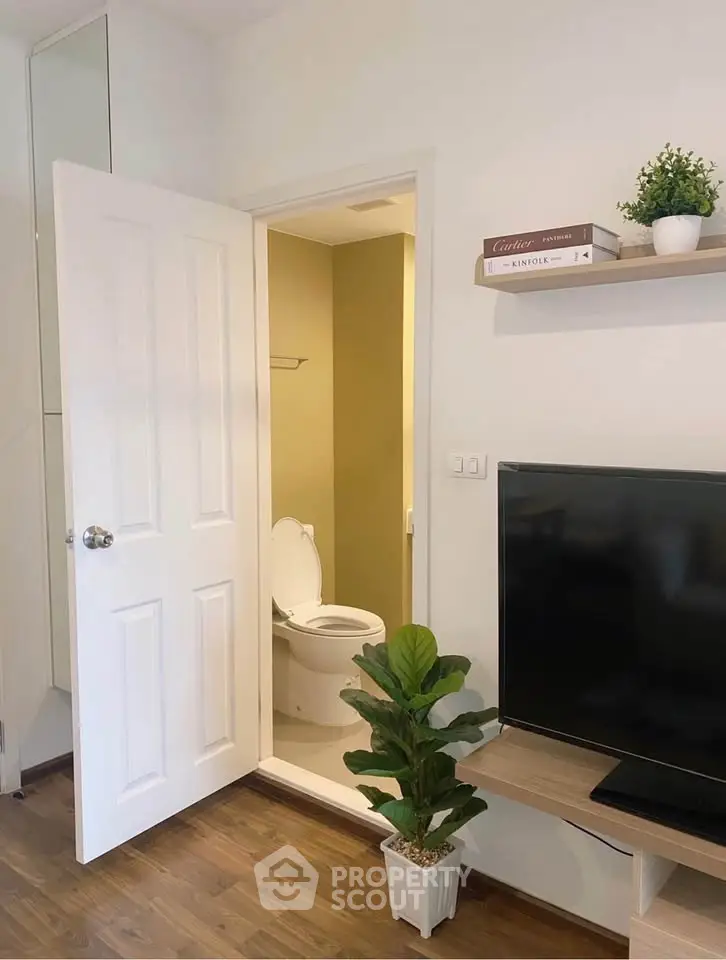 Modern living space with open bathroom door, TV, and indoor plant.