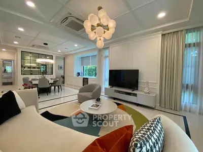 Luxurious modern living room with elegant decor and stylish lighting, perfect for sophisticated living.