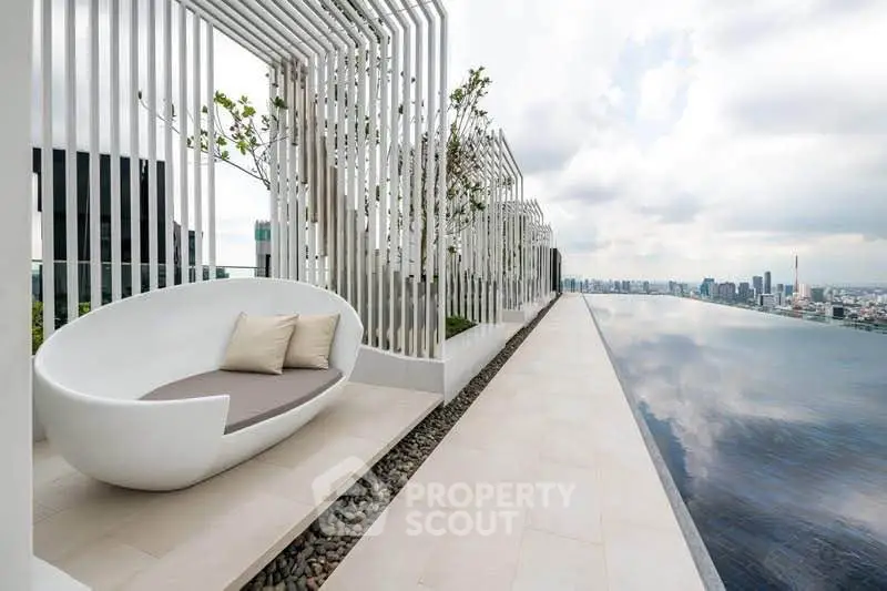 Luxurious rooftop with infinity pool and modern seating offering stunning city views.