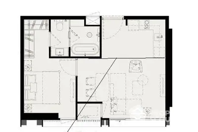 Modern apartment floor plan with open layout and bathtub