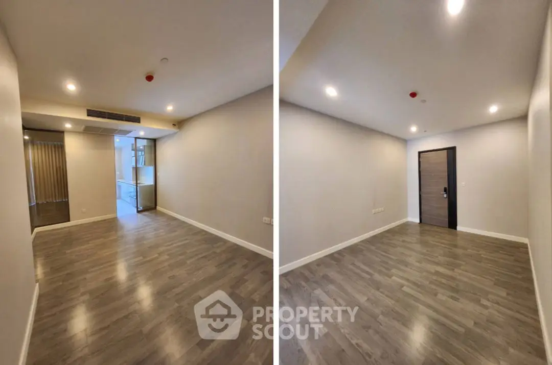 Spacious empty living room with modern flooring and recessed lighting