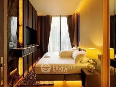 Luxurious bedroom with modern decor and city view, featuring ambient lighting and elegant furnishings.