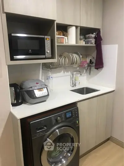Compact kitchen with modern appliances and efficient storage solutions