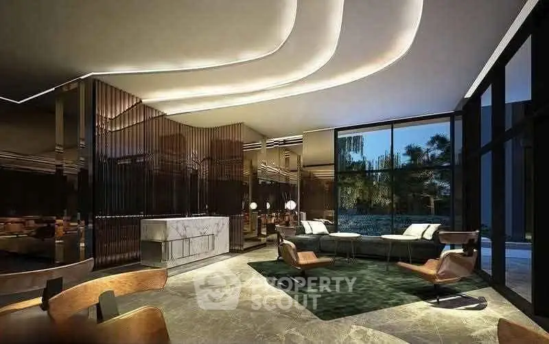 Luxurious modern living room with elegant lighting and stylish furniture, perfect for sophisticated gatherings.