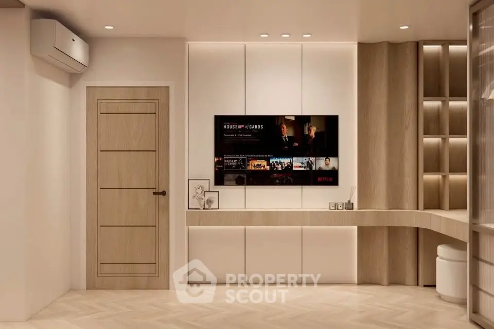 Modern living room with built-in TV unit and stylish wood accents