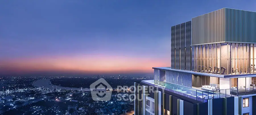 Luxurious high-rise building with stunning city view and rooftop pool at sunset.
