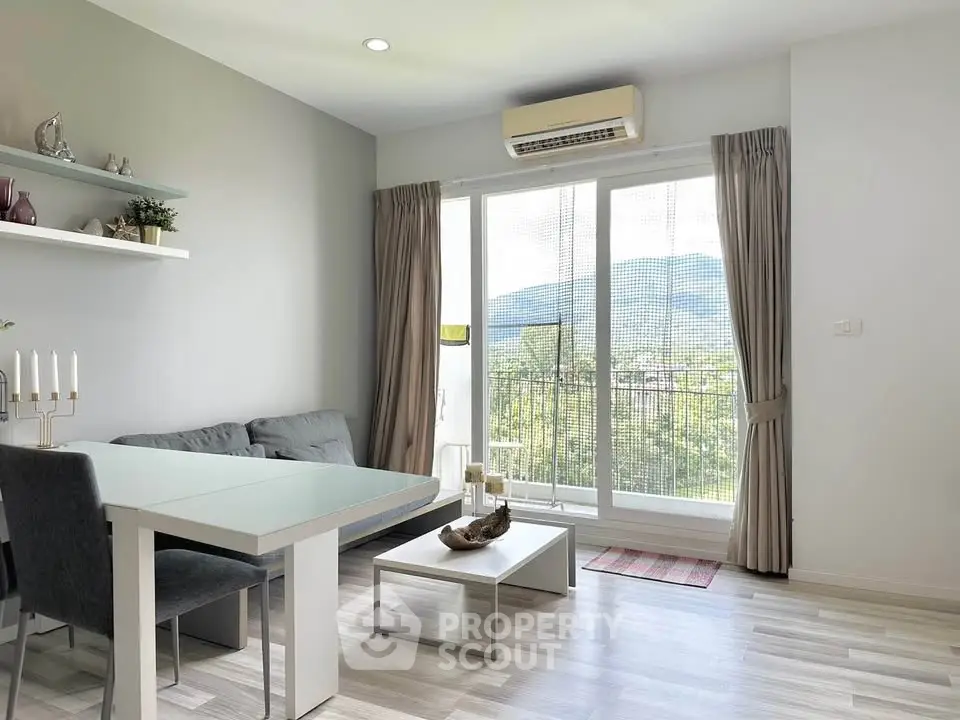 Modern living room with mountain view and stylish decor