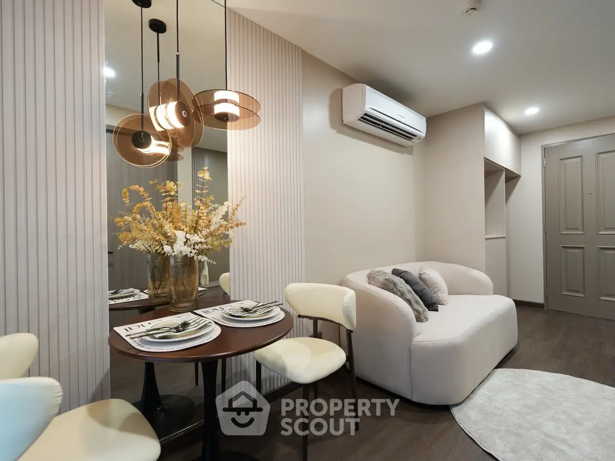 Modern living room with stylish decor and cozy seating area