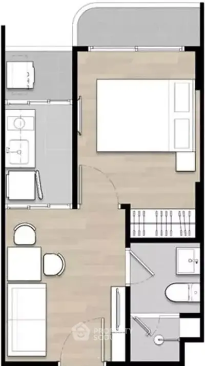 Modern apartment floor plan with bedroom, bathroom, and living area layout.