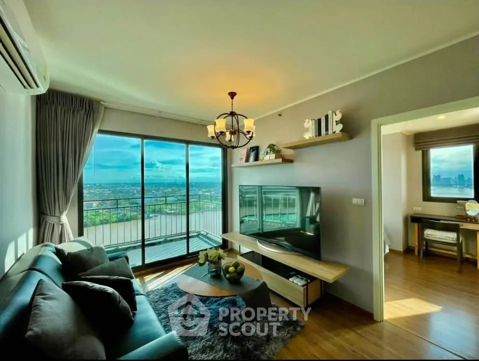 Modern living room with stunning city view and elegant decor