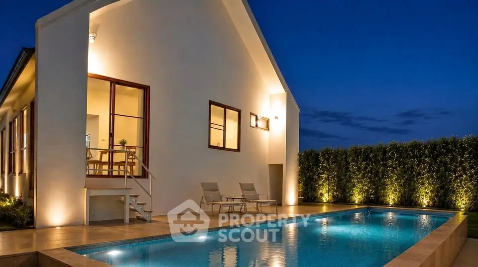 Stunning modern home with illuminated pool and elegant exterior design at dusk.