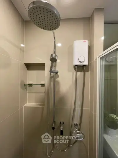 Modern bathroom shower with rain showerhead and water heater