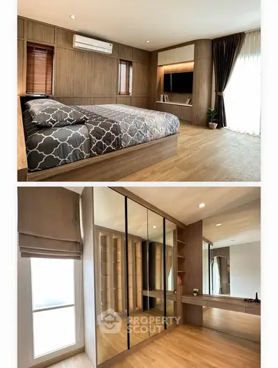 Luxurious bedroom with modern design and spacious walk-in closet, featuring elegant wooden flooring and stylish decor.