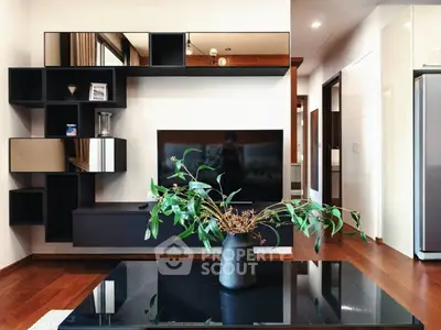 Modern living room with stylish shelving and sleek TV setup
