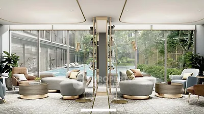 Luxurious modern living room with pool view and elegant furnishings
