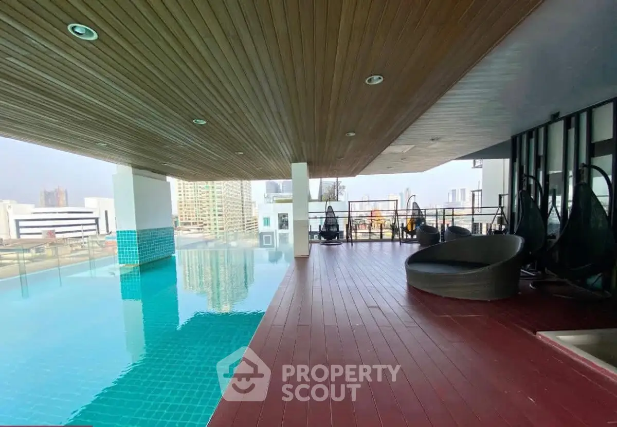 Luxurious rooftop pool with city view and modern seating area