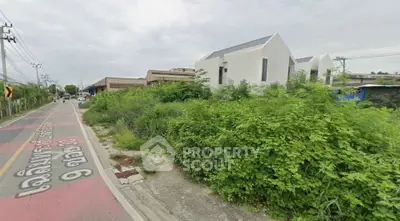 Modern minimalist house with lush greenery and street view in suburban area.