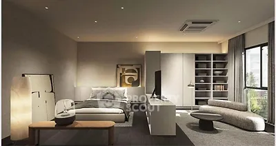 Luxurious modern bedroom with stylish decor and large windows offering natural light.