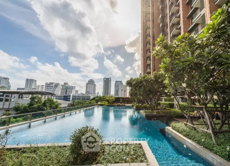 Luxurious urban apartment with stunning pool and city skyline view, perfect for modern living.