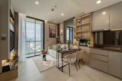 Modern living room with city view, open layout, and elegant decor