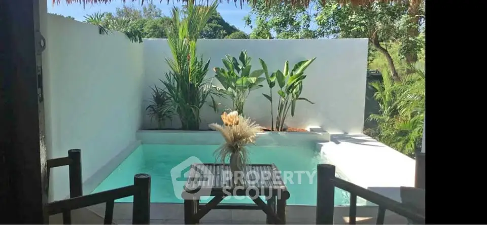 Charming private pool area with lush greenery and cozy seating, perfect for relaxation.