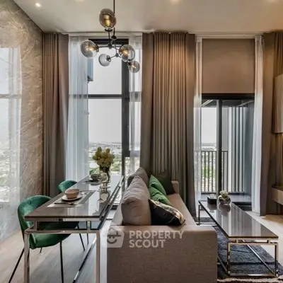 Luxurious modern living room with elegant decor and stunning city view