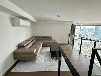 Modern living room with panoramic city view and stylish furniture