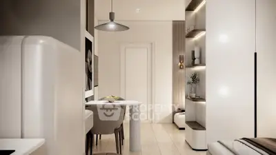 Modern minimalist living room with sleek furniture and elegant lighting