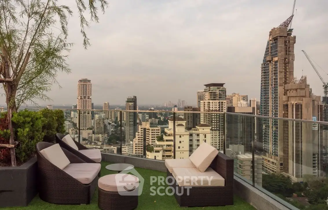 Luxurious rooftop terrace with stunning city skyline view and modern outdoor seating.