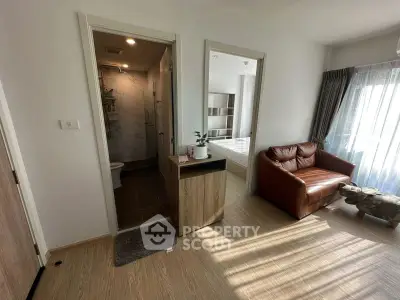 Modern apartment interior with cozy living room and stylish bathroom