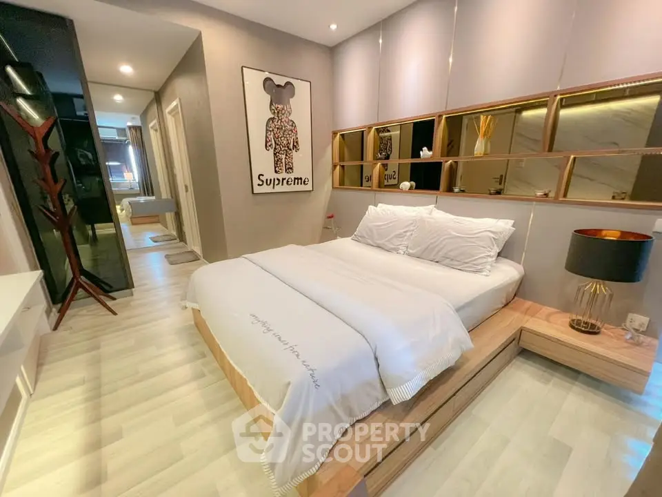 Luxurious modern bedroom with stylish decor and cozy ambiance
