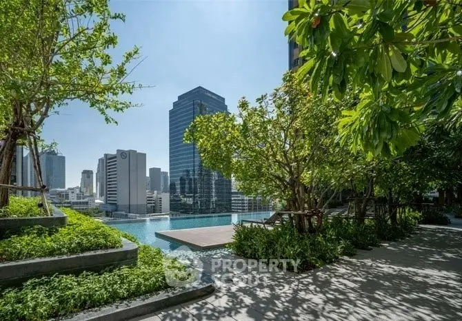 Luxurious urban pool with lush greenery and stunning city skyline views.