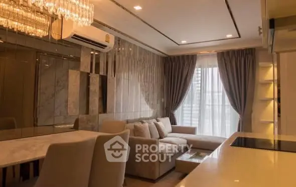 Luxurious modern living room with elegant decor and large windows